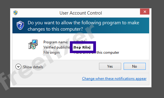 Screenshot where Bep Riixj appears as the verified publisher in the UAC dialog